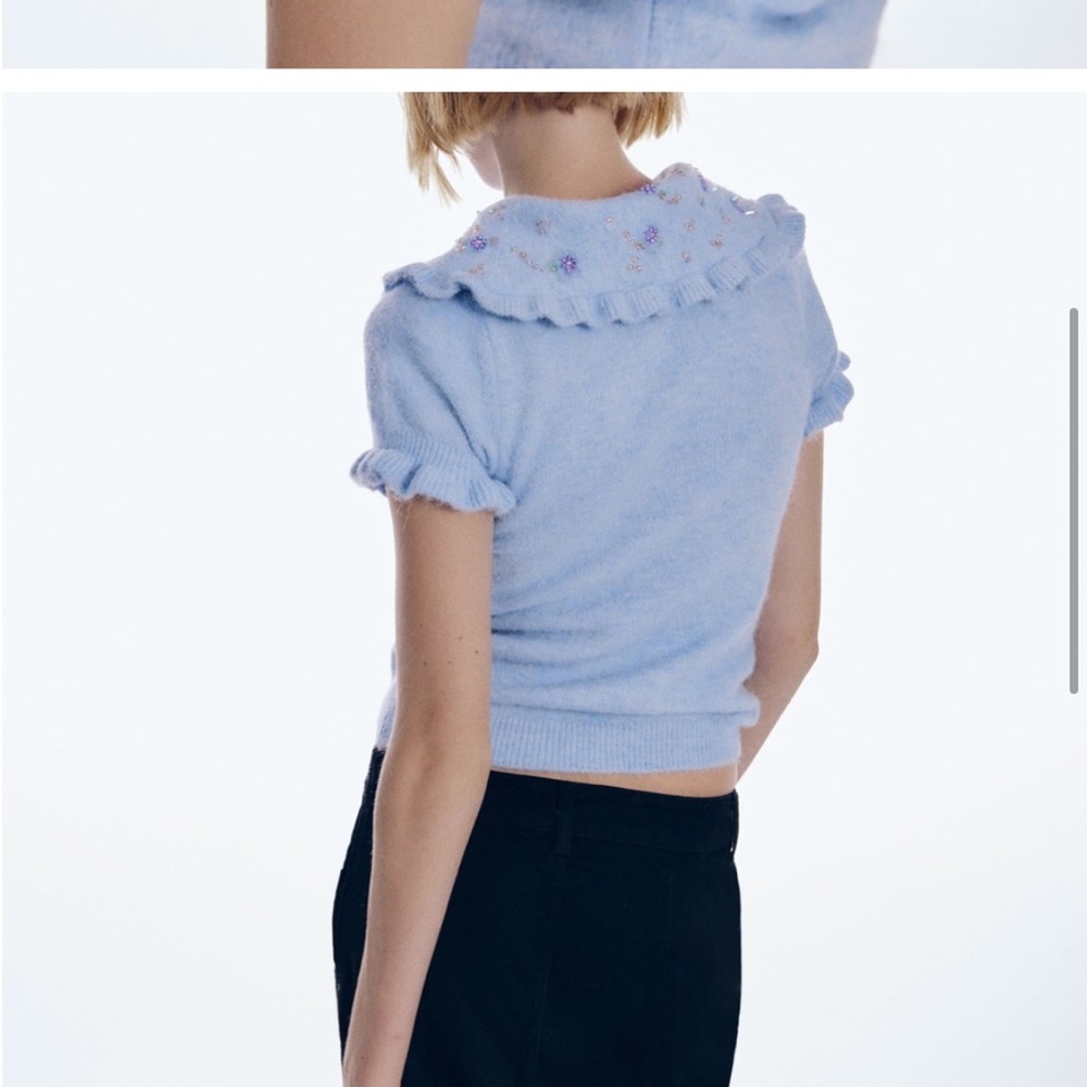 Zara Light Blue Ruffled Collar Top - Picture 8 of 11